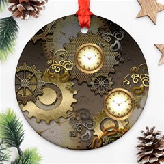 Steampunk, Golden Design With Clocks And Gears Ornament (round)  by FantasyWorld7