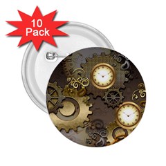 Steampunk, Golden Design With Clocks And Gears 2 25  Buttons (10 Pack)  by FantasyWorld7