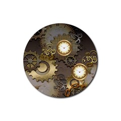 Steampunk, Golden Design With Clocks And Gears Rubber Coaster (round)  by FantasyWorld7