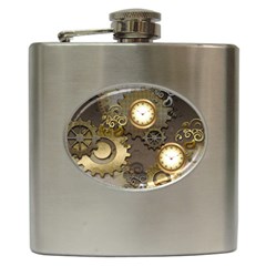 Steampunk, Golden Design With Clocks And Gears Hip Flask (6 Oz) by FantasyWorld7