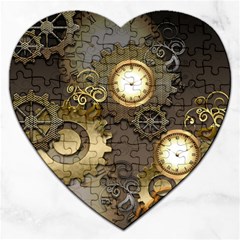 Steampunk, Golden Design With Clocks And Gears Jigsaw Puzzle (heart) by FantasyWorld7