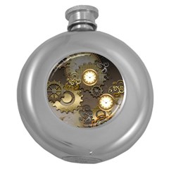 Steampunk, Golden Design With Clocks And Gears Round Hip Flask (5 Oz) by FantasyWorld7