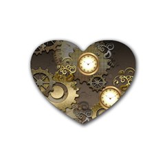 Steampunk, Golden Design With Clocks And Gears Rubber Coaster (heart)  by FantasyWorld7