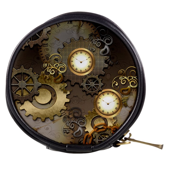 Steampunk, Golden Design With Clocks And Gears Mini Makeup Bags