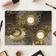 Steampunk, Golden Design With Clocks And Gears Cosmetic Bag (xl) by FantasyWorld7