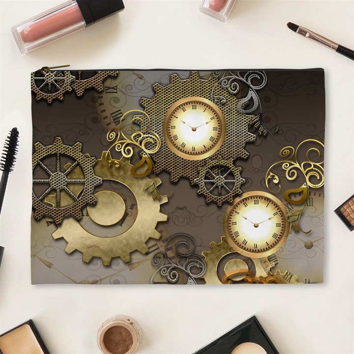 Steampunk, Golden Design With Clocks And Gears Cosmetic Bag (XL)