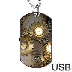 Steampunk, Golden Design With Clocks And Gears Dog Tag Usb Flash (one Side) by FantasyWorld7