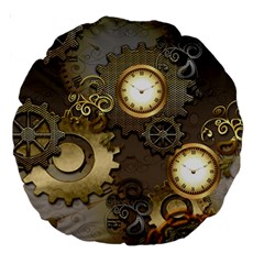 Steampunk, Golden Design With Clocks And Gears Large 18  Premium Round Cushions by FantasyWorld7