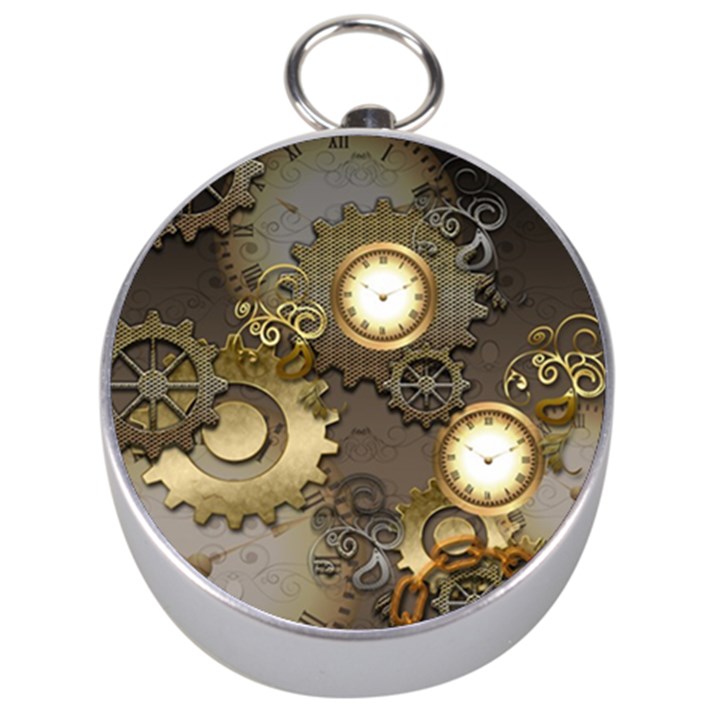 Steampunk, Golden Design With Clocks And Gears Silver Compasses