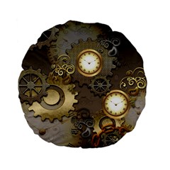 Steampunk, Golden Design With Clocks And Gears Standard 15  Premium Flano Round Cushions by FantasyWorld7