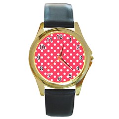 Hot Pink Polka Dots Round Gold Metal Watches