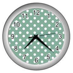 Mint Green Polka Dots Wall Clocks (silver) 