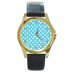 Sky Blue Polka Dots Round Gold Metal Watches