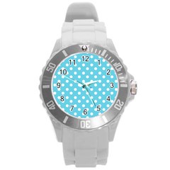 Sky Blue Polka Dots Round Plastic Sport Watch (l)