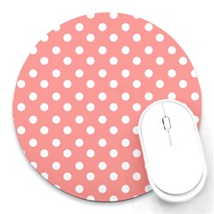 Coral And White Polka Dots Round Mousepads