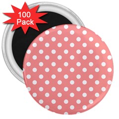 Coral And White Polka Dots 3  Magnets (100 Pack) by GardenOfOphir