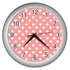 Coral And White Polka Dots Wall Clocks (silver) 