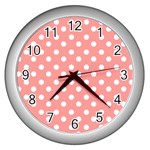 Coral And White Polka Dots Wall Clocks (Silver)  Front