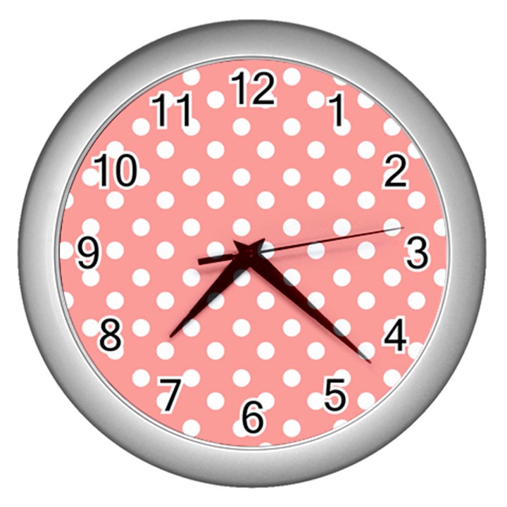 Coral And White Polka Dots Wall Clocks (Silver) 