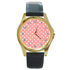 Coral And White Polka Dots Round Gold Metal Watches