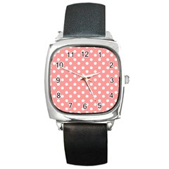 Coral And White Polka Dots Square Metal Watches