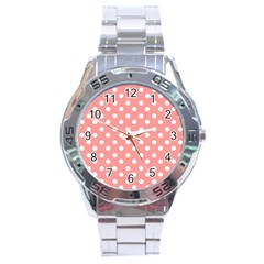 Coral And White Polka Dots Stainless Steel Men s Watch