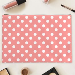 Coral And White Polka Dots Cosmetic Bag (xxl)  by GardenOfOphir