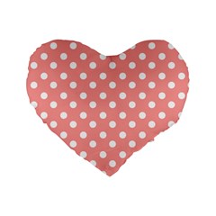 Coral And White Polka Dots Standard 16  Premium Flano Heart Shape Cushions