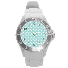 Blue And White Polka Dots Round Plastic Sport Watch (l) by GardenOfOphir