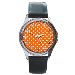 Orange And White Polka Dots Round Metal Watches