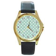 Light Blue And White Polka Dots Round Gold Metal Watches