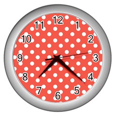 Indian Red Polka Dots Wall Clocks (silver)  by GardenOfOphir