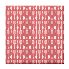 Coral And White Kitchen Utensils Pattern Tile Coasters