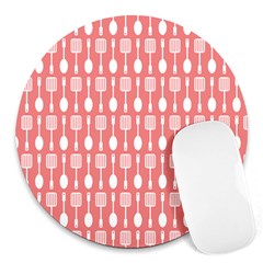 Coral And White Kitchen Utensils Pattern Round Mousepads by GardenOfOphir