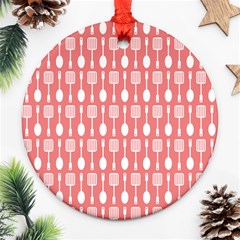 Coral And White Kitchen Utensils Pattern Ornament (round) 