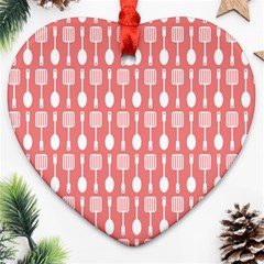 Coral And White Kitchen Utensils Pattern Ornament (heart)  by GardenOfOphir