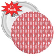 Coral And White Kitchen Utensils Pattern 3  Buttons (10 Pack) 