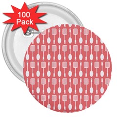 Coral And White Kitchen Utensils Pattern 3  Buttons (100 Pack)  by GardenOfOphir