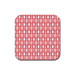 Coral And White Kitchen Utensils Pattern Rubber Coaster (square) 