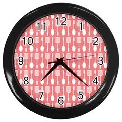 Coral And White Kitchen Utensils Pattern Wall Clocks (black) by GardenOfOphir