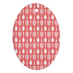 Coral And White Kitchen Utensils Pattern Oval Ornament (two Sides) by GardenOfOphir