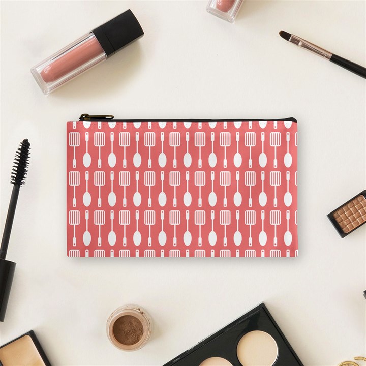 Coral And White Kitchen Utensils Pattern Cosmetic Bag (Small) 