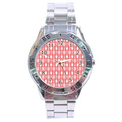 Coral And White Kitchen Utensils Pattern Stainless Steel Men s Watch by GardenOfOphir