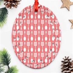 Coral And White Kitchen Utensils Pattern Oval Filigree Ornament (2-side)  by GardenOfOphir