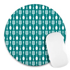 Teal And White Spatula Spoon Pattern Round Mousepads by GardenOfOphir