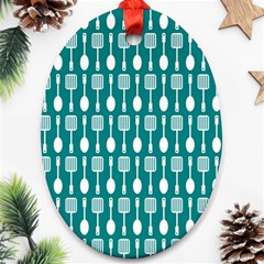 Teal And White Spatula Spoon Pattern Ornament (oval)  by GardenOfOphir