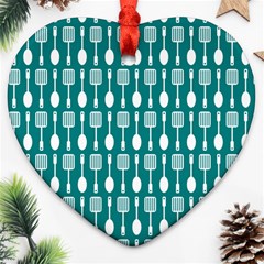 Teal And White Spatula Spoon Pattern Ornament (heart)  by GardenOfOphir