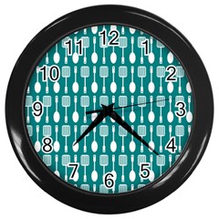 Teal And White Spatula Spoon Pattern Wall Clocks (black)