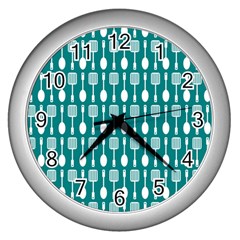 Teal And White Spatula Spoon Pattern Wall Clocks (silver) 