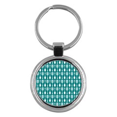 Teal And White Spatula Spoon Pattern Key Chains (round)  by GardenOfOphir